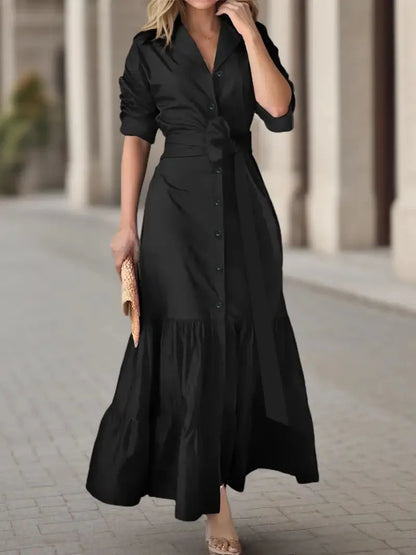 Tomma - Elegant Solid Long-sleeved Shirt Boho Style Maxi Dress - Lotus Pearl Clothing,  -  []