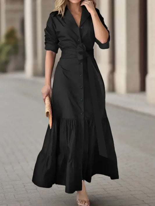 Tomma - Elegant Solid Long-sleeved Shirt Boho Style Maxi Dress - Lotus Pearl Clothing,  -  []
