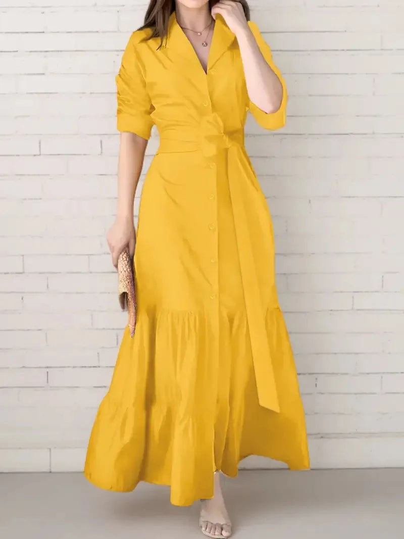 Tomma - Elegant Solid Long-sleeved Shirt Boho Style Maxi Dress - Lotus Pearl Clothing,  -  []
