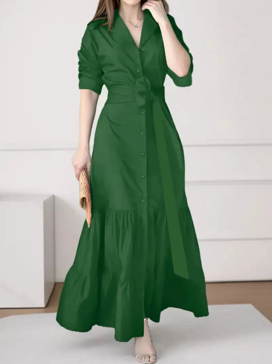 Tomma - Elegant Solid Long-sleeved Shirt Boho Style Maxi Dress - Lotus Pearl Clothing,  -  []