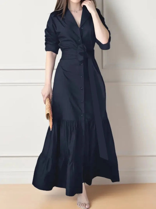 Tomma - Elegant Solid Long-sleeved Shirt Boho Style Maxi Dress - Lotus Pearl Clothing,  -  []