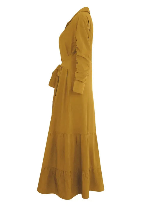 Tomma - Elegant Solid Long-sleeved Shirt Boho Style Maxi Dress - Lotus Pearl Clothing,  -  []