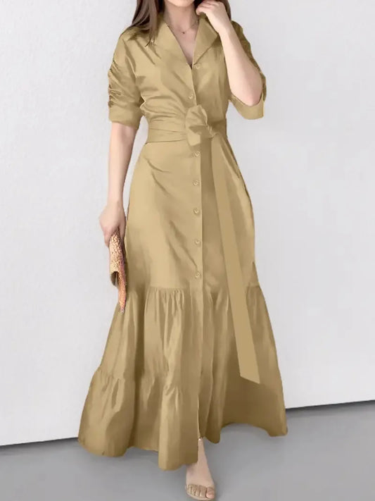 Tomma - Elegant Solid Long-sleeved Shirt Boho Style Maxi Dress - Lotus Pearl Clothing,  -  []