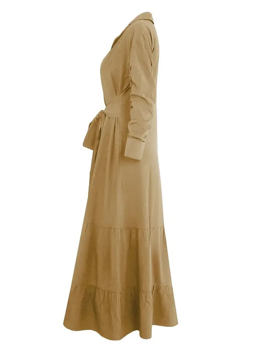 Tomma - Elegant Solid Long-sleeved Shirt Boho Style Maxi Dress - Lotus Pearl Clothing,  -  []