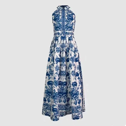 Samantha - Elegant Long  Classic Blue Geometric Pattern Flower Lapel A-Line Dress - Lotus Pearl Clothing,  -  []