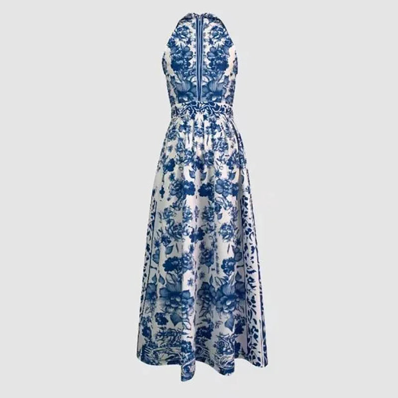 Samantha - Elegant Long  Classic Blue Geometric Pattern Flower Lapel A-Line Dress - Lotus Pearl Clothing,  -  []