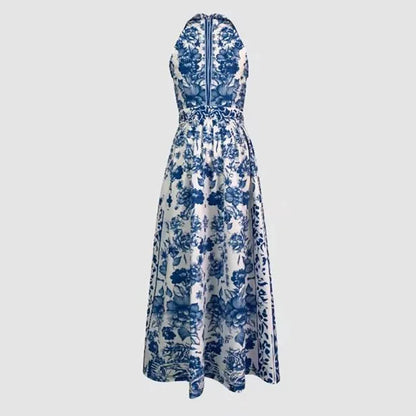 Samantha - Elegant Long  Classic Blue Geometric Pattern Flower Lapel A-Line Dress - Lotus Pearl Clothing,  -  []