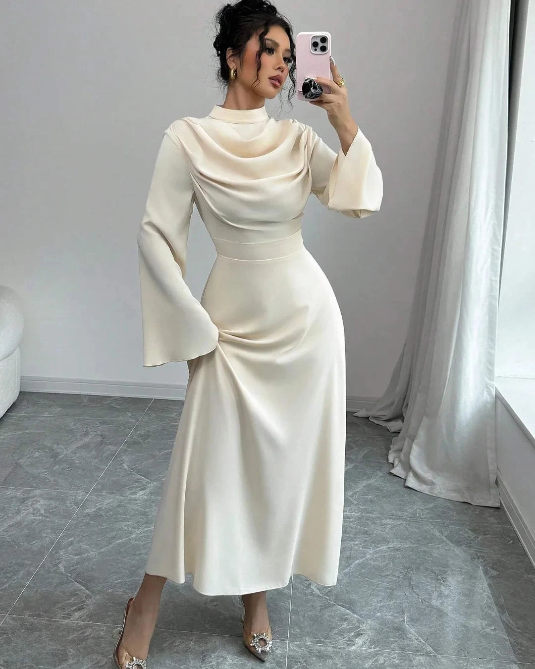Saint - Elegant White Long Sleeve Ruched High Neck A-Line Gala Dress - Lotus Pearl Clothing,  -  []