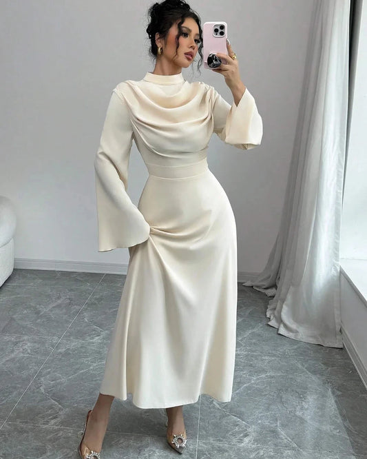 Saint - Elegant White Long Sleeve Ruched High Neck A-Line Gala Dress - Lotus Pearl Clothing,  -  []