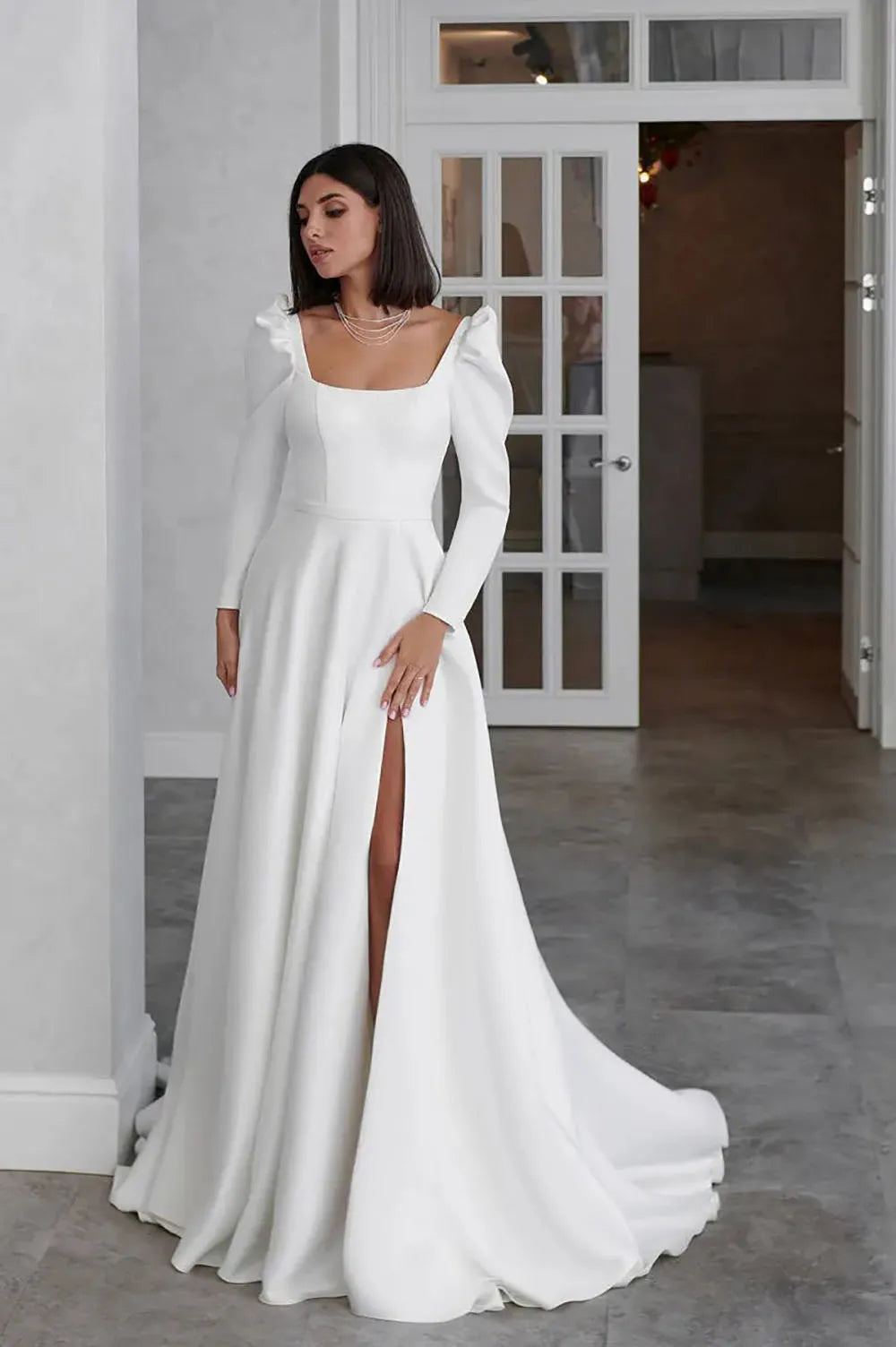 Bonnie - Elegant A Line Long Sleeves Side Split Gown - Lotus Pearl Clothing,  -  []