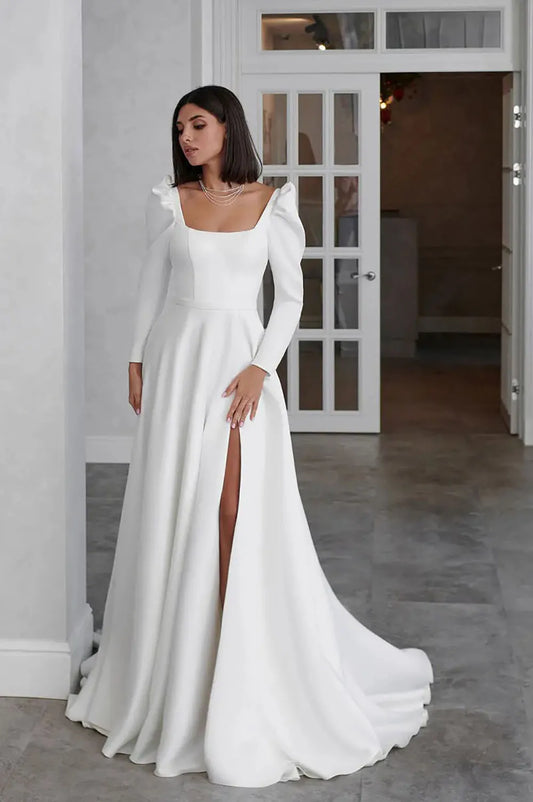 Bonnie - Elegant A Line Long Sleeves Side Split Gown - Lotus Pearl Clothing,  -  []