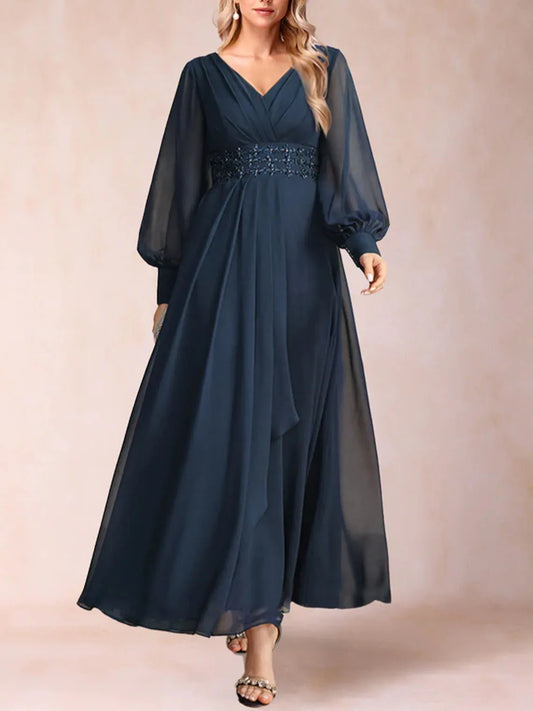 Joann - Elegant A-Line Evening Dress Long Sleeve V-Neck Chiffon Ankle-Length - Lotus Pearl Clothing,  -  []