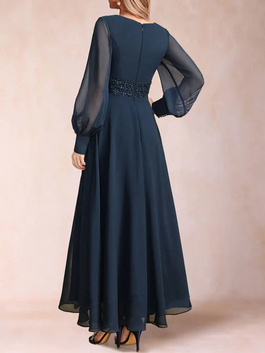 Joann - Elegant A-Line Evening Dress Long Sleeve V-Neck Chiffon Ankle-Length - Lotus Pearl Clothing,  -  []