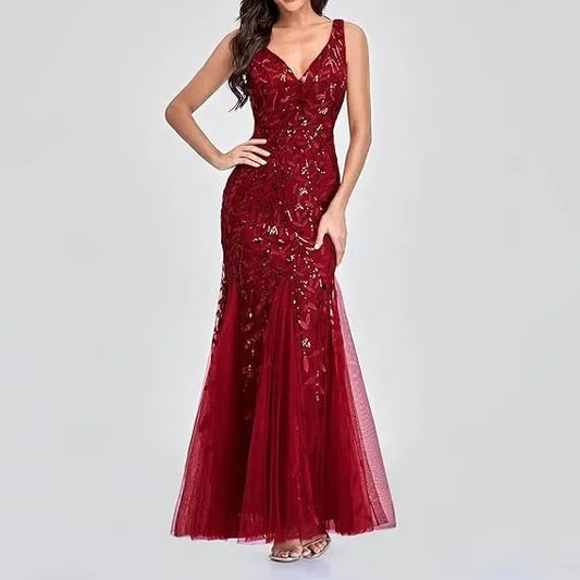 Sinatra - Elegant V-neck Sequin Sleeveless Dress - Lotus Pearl Clothing,  -  []