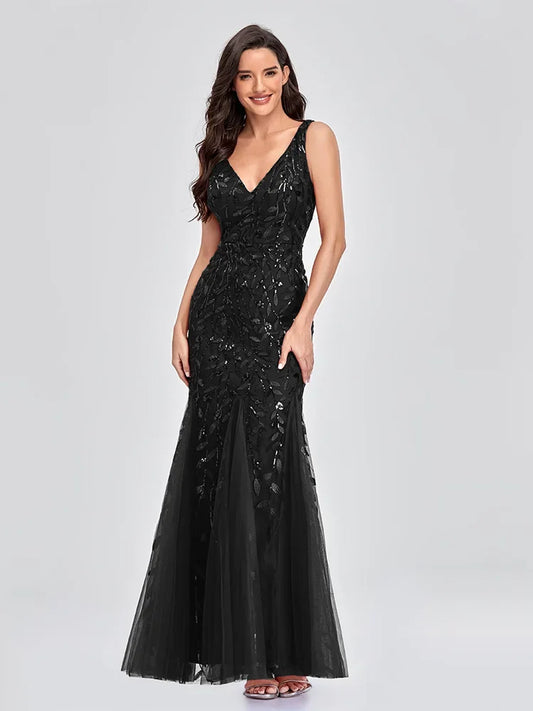 Sinatra - Elegant V-neck Sequin Sleeveless Dress - Lotus Pearl Clothing,  -  []