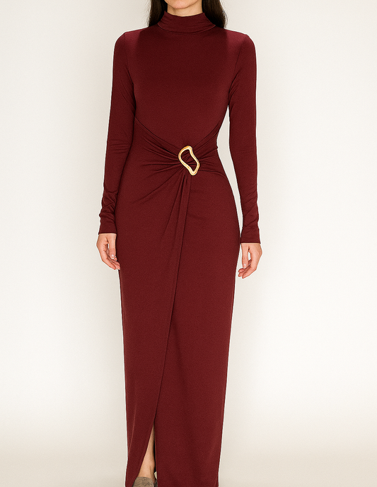 Daine -  Half High Collar Long Sleeve Dress Folding Waist Long Dress - Lotus Pearl Clothing,  -  []