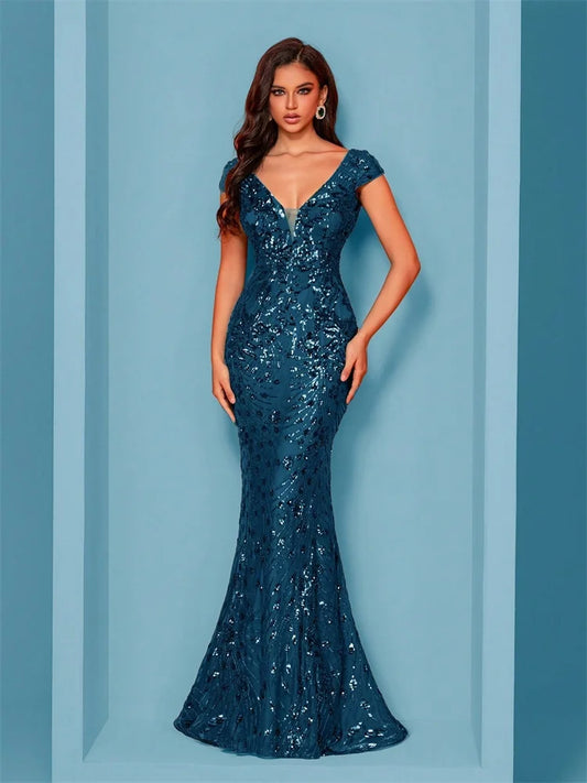 Denise - Elegant Blue Evening Mermaid Formal Sequins Dress - Lotus Pearl Clothing,  -  []