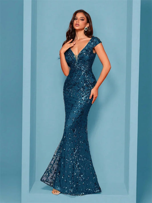 Denise - Elegant Blue Evening Mermaid Formal Sequins Dress - Lotus Pearl Clothing,  -  []