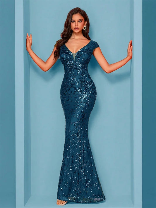 Denise - Elegant Blue Evening Mermaid Formal Sequins Dress - Lotus Pearl Clothing,  -  []