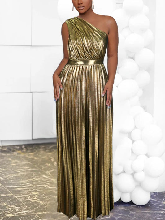 Rachel - Elegant Maxi Long Metallic Pleated One Shoulder Sleeveless Shiny Shimmer Gown - Lotus Pearl Clothing,  -  []