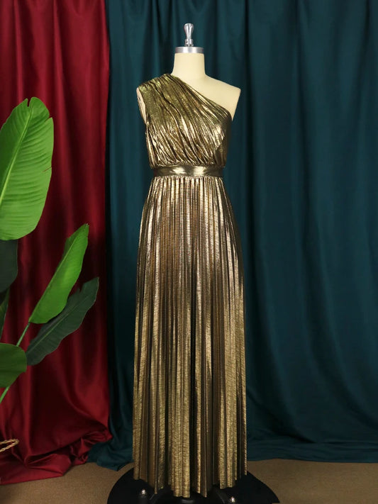 Rachel - Elegant Maxi Long Metallic Pleated One Shoulder Sleeveless Shiny Shimmer Gown - Lotus Pearl Clothing,  -  []
