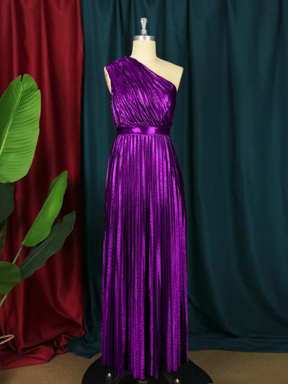 Rachel - Elegant Maxi Long Metallic Pleated One Shoulder Sleeveless Shiny Shimmer Gown - Lotus Pearl Clothing,  -  []
