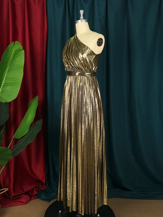 Rachel - Elegant Maxi Long Metallic Pleated One Shoulder Sleeveless Shiny Shimmer Gown - Lotus Pearl Clothing,  -  []