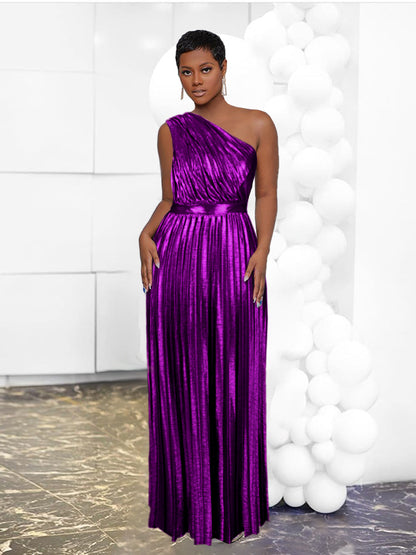 Rachel - Elegant Maxi Long Metallic Pleated One Shoulder Sleeveless Shiny Shimmer Gown - Lotus Pearl Clothing,  -  []