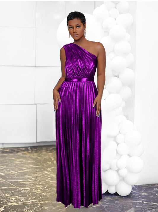 Rachel - Elegant Maxi Long Metallic Pleated One Shoulder Sleeveless Shiny Shimmer Gown - Lotus Pearl Clothing,  -  []