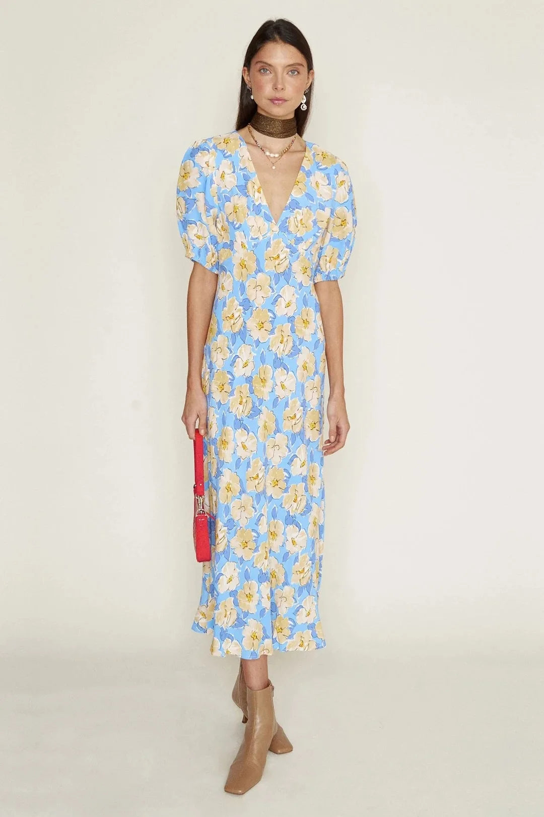 Susie - Yellow Floral Blue Printed V-Neck High Waist Midi Dress - Lotus Pearl Clothing,  -  []