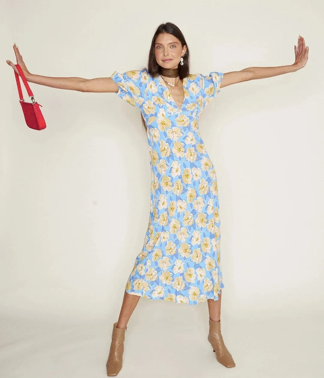 Susie - Yellow Floral Blue Printed V-Neck High Waist Midi Dress - Lotus Pearl Clothing,  -  []