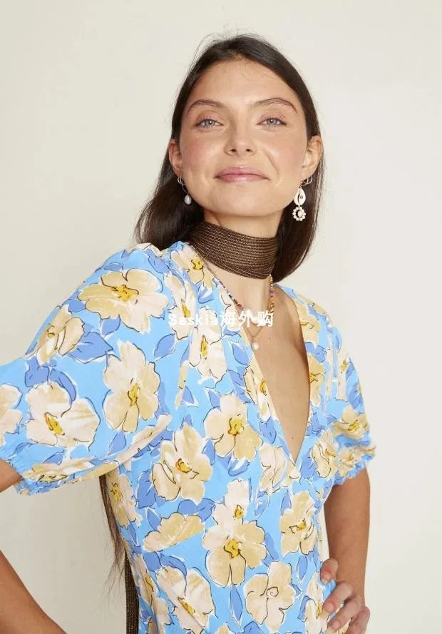 Susie - Yellow Floral Blue Printed V-Neck High Waist Midi Dress - Lotus Pearl Clothing,  -  []