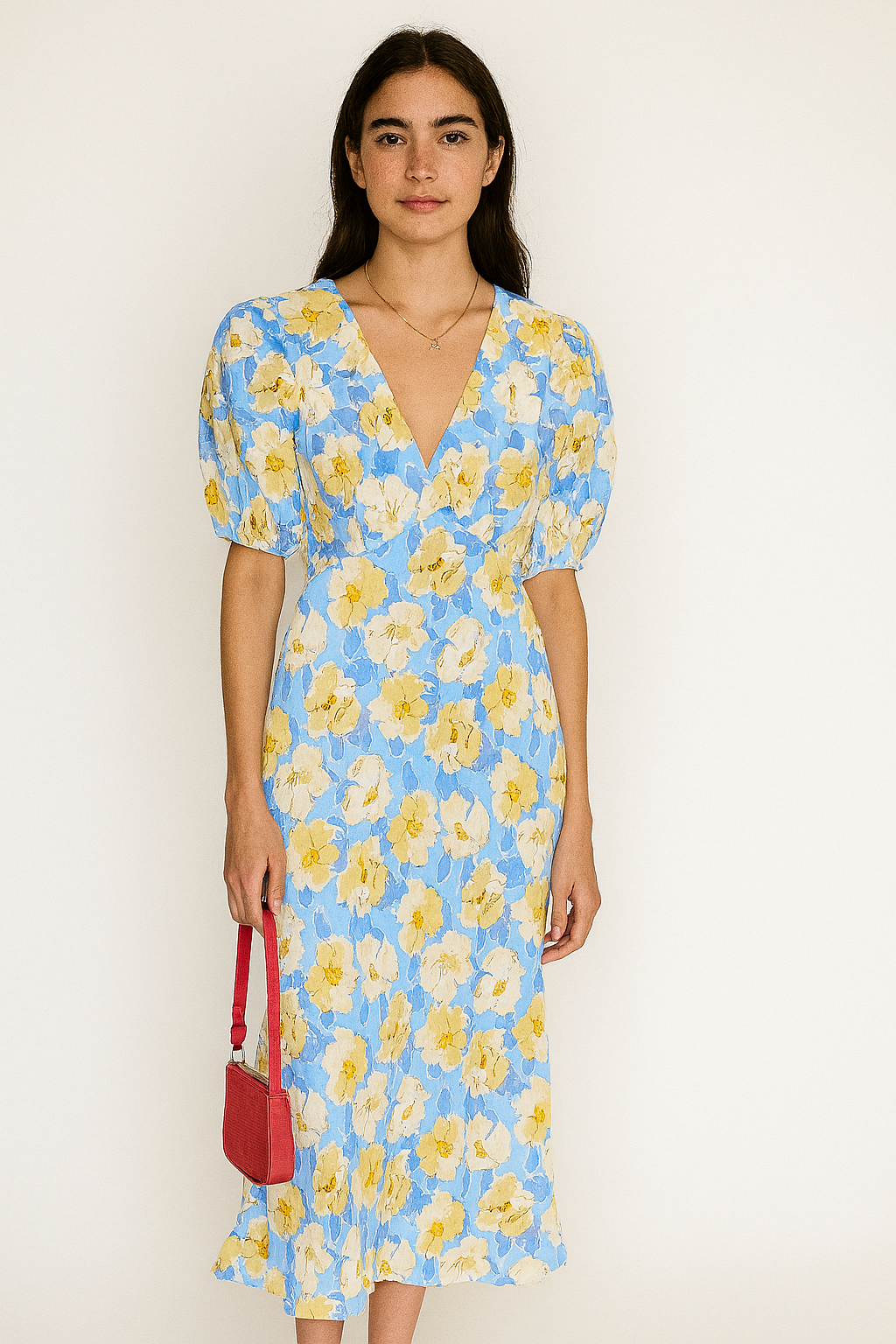 Susie - Yellow Floral Blue Printed V-Neck High Waist Midi Dress - Lotus Pearl Clothing,  -  []