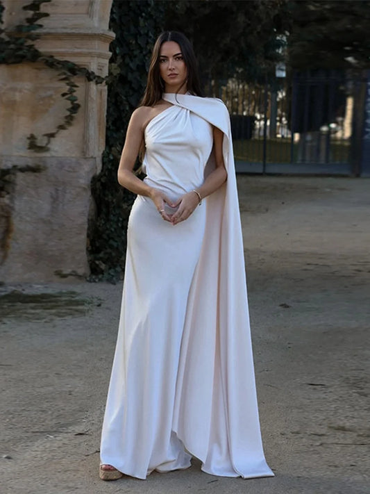 Coraline - Satin Ribbon Party Halter Backless Off Shoulder Gown - Lotus Pearl Clothing,  -  []
