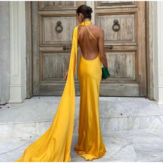 Coraline - Satin Ribbon Party Halter Backless Off Shoulder Gown - Lotus Pearl Clothing,  -  []