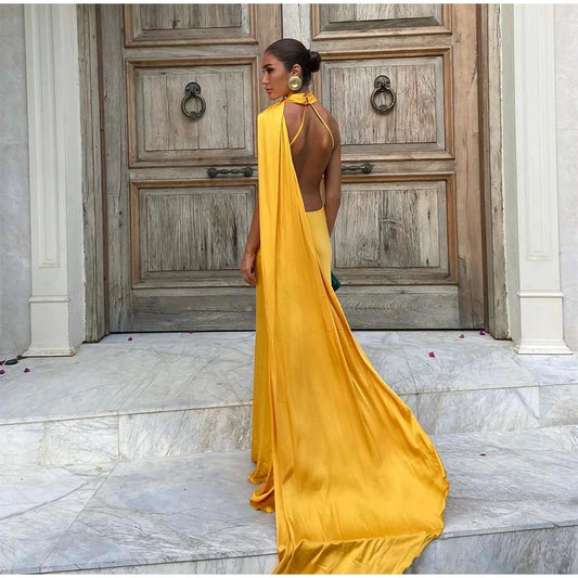 Coraline - Satin Ribbon Party Halter Backless Off Shoulder Gown - Lotus Pearl Clothing,  -  []