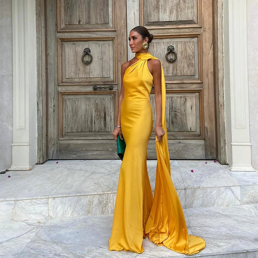 Coraline - Satin Ribbon Party Halter Backless Off Shoulder Gown - Lotus Pearl Clothing,  -  []
